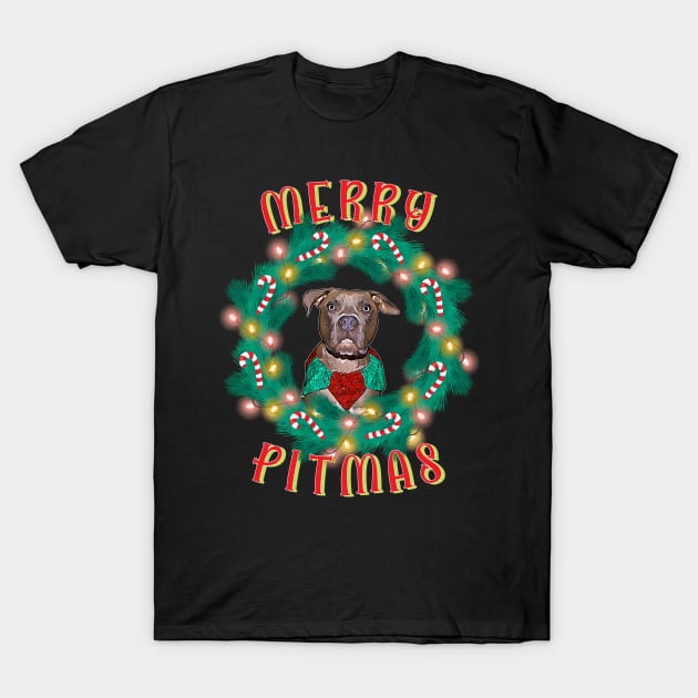 Merry Pitmas Pitbull Glowing Wreath And Candy Canes T-Shirt by Rosemarie Guieb Designs